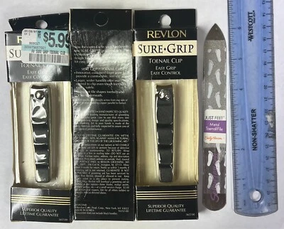 3 Revlon Sure Grip Toe Nail Clip Rare + free metal toe nail file yellowed pkgng