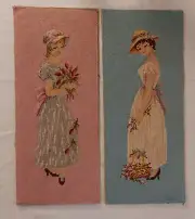 2 Vintage Needlepoint Art Deco Women In Hats Panels Ready For Framing 10 X 24