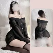 Long-Sleeve Cold Shoulder Plain Sheer Shirt / Thongs / Tights / Stockings / Set Set Of 2 - Shirt & Thong - Black - One Size