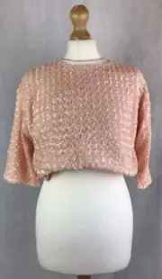Topshop Peach Sequin Front Crooped 3/4 Sleeve Stretch Knit Top NWT A63