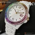 COACH手錶,編號CH00167,38MM白圓形陶瓷錶殼,白色中三針顯示, 鑽圈錶面,白陶瓷錶帶款,限量彩虹鑽圈