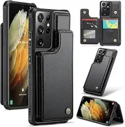 [ELEPIK] for Galaxy S21 Ultra Case with Card Holder, Kickstand [5 Card/Cash Holder] [for Women & Men] [Durable PU Leather] Magnetic Wallet Phone Cover for Samsung Galaxy S21 Ultra, Fashion Black