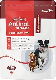 Vetz Petz Antinol Plus – Natural Joint, Skin & Coat Supplement for Dogs – Marine Lipid Oils for Mobility & Inflammation – No Fillers or Preservatives (180 Capsules)