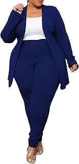 [IyMoo] Women's Plus SizeTwo Piece Open Front Long Sleeve Blazer and Elastic Waist Solid Pant Set Suit