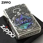 Zippo Oil Lighter Armor Case Arabesque Shell Watch Inlay Silver Etching Japan