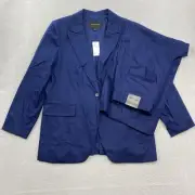 Banana Republic Suit Set Women 14 Blue Jacket 12 Pants Wide Leg Crop Linen Blend