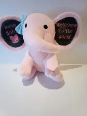 Baby gift - 'Welcome to the world' - 'Hello Baby' plush pink elephant with bow.
