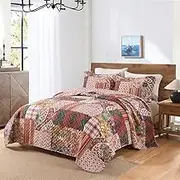 VISIMISI Cotton Bedspread Quilt Sets Reversible Bedding Coverlet Sets 3 Pieces Gorgeous Vintage Damask Red Patchwork Bedspread, Queen Size