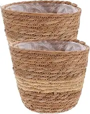 Seagrass Basket Woven Planters Flower Pots Storage Basket Plant Containers Straw Trash Can Rattan Wastebasket Rubbish Paper Bins Sundries Container for Bathrooms 18cm
