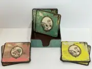 Set of 6 Vintage-Look Bird Rose Flower French Coasters Home Decor in Holder Tray