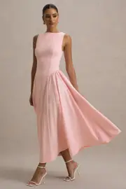 Muriel | Pink Boat-Neck Volume-Hem Midi Dress