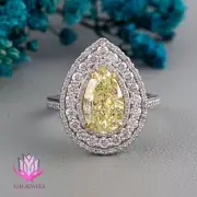 925 Silver moissanite pear shape lime yellow Diamond Ring for women
