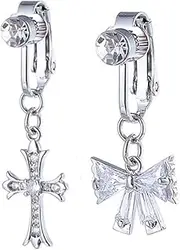 [Niaspi] 2Pcs Cross Bow Fake Belly Button Rings Non Piercing Clip On Belly Navel Rings Sparkling CZ Belly Barbell Fake Body Piercing Jewelry for Women