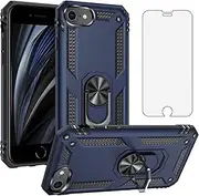 Asuwish Phone Case for iPhone SE 2022/SE 2020/iPhone SE3 with Tempered Glass Screen Protector Cover Stand Ring Holder Hard Magnetic Cell Accessories Kickstand SE 2nd gen/SE 3rd gen Women Men Blue