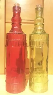 2 Glass Decorating Bottles 12.25” Tall Red & Green W/Cork Raised Design Vintage