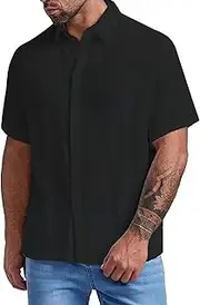 [Generic] Men Shirt Men's Baggy Cotton Blend Pocket Solid Short Sleeve Turn Down Collar T Shirts Little