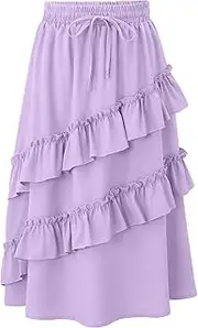 [GERU] Girls High Waisted Ruffle Maxi Skirt Soft Cotton Long Skirts with Elastic Waistband for Kid Girl 3-12 Years