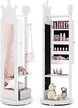 Costway Kids Jewelry Cabinet with Full-Length Mirror, Standing Children Jewelry Organizer with Clothes Rack, Anti-toppling System, Princess Jewelry Armoire for Kids Bedroom & Playroom