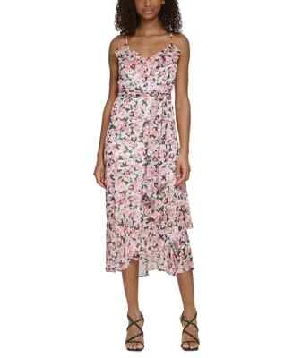 Karl Lagerfeld Paris Floral-Print Ruffled Chiffon Midi Dress Coral Quartz Multi