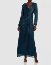 Adrianna Papell Women's Blue Metallic Faux Wrap Gown Dress Size 14