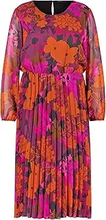 [Samoon] Women's Chiffon Dress with Pleated Skirt, Long Sleeves, Elastic Sleeve Hem, Floral Calf Length