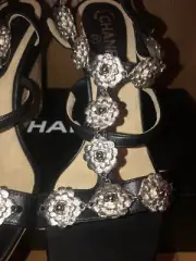 NEW CHANEL Black Leather Silver Camellia Embellished Wedge Sandals 39.5 $1.3K