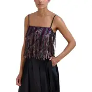 BCBGMAXAZRIA Womens Sequined Fringe Blouse Cropped Top BHFO 7710