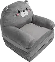 Toddlers Chair, Plush Cute Cat Fold Out Floor Seating Cushion Armrest Sofa Bed, Stable and Chair for Reading, Playing, Resting with Premium Plush and Sponge Materials for Kids Grey (Triple Layer)