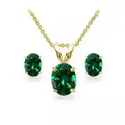 4Ct Oval Lab Created Emerald Pendant & Stud Earrings Set 14K Yellow Gold Plated