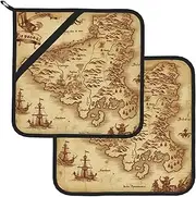 2 Pack Pot Holders for Kitchen Heat Resistant Potholders Treasure Map Vintage Pot Holders Set Washable Hot Pads with Loop Non Slip Potholders for Cooking Baking BBQ Microwave 8 x 8 Inch