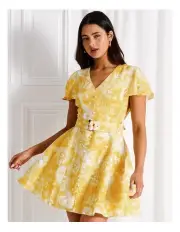 [Tokito] European Linen Blend Flutter Sleeve Mini Dress in Light Yellow