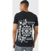Mens Black Slim Floral Back Print T-Shirt