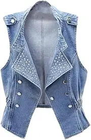[OFFSUM] Women'S Denim Vest - Plus Size Rivet Stand Collar Denim Vest Spring Summer Single Breasted Korean Style Sleeveless Jacket Coat Clothing