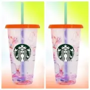 2x Starbucks Color Changing Cups & Straws Swirl Reusable Cold Summer Marble NEW