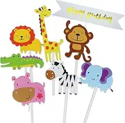 Yamibobo 16PCS Safari Animal Cake Decorations including 14PCS Cupcake Toppers and 2PCS Happy Birthday Cake Toppers, Multicolored Zoo Animal Theme Party Supplies for Kids Birthday Baby Shower