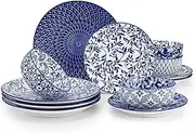 [vancasso] SELENE Plates and Bowls Set for 4, 12 Pieces Dinnerware Sets, Mircowave and Dishwasher Safe Dishes Set, Porcelain Blue Dinnerware