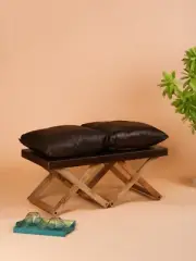 Handmade Eco-Friendly Solid Wood & Leather Brown Rectangle Stool 40"x20"x18"