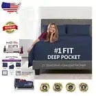 Navy King Bed Sheets: 21” Deep Pocket Fitted, Oversized Flat, Zipper Pillowcases