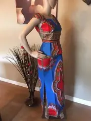 Two Piece African Dashiki Set with Side Splits and Zipper Top
