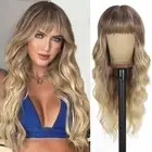 Blonde Wig with Bangs Long curly wavy Wig for Women Ombre wig with Brown root...