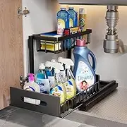 Metal Under Sink Storage - Under Sink Organizer - Sliding Drawer Shelf Pull Out for Kitchen Bathroom, Upgraded Suction Cups Can be Fixed Under the Cabinet or Bath Cabinet