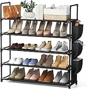 FORYUSE 5 Tier Shoe Rack Organiser with Side Pocket Space Saving Storage for 20-25 Pair Shoes Sturdy Shelf Stand for Closet Entryway