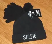AMICI GIRL'S KNIT HAT & GLOVE SET ONE SIZE BLACK "SELFIE" "LOVE" STRETCH NWT