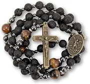 [Nazareth Store] Lava Stone Black Rosary Beads for Men, Catholic Rosary Necklace with Saint Medal & Cross, Yellow Tiger Eye Beads Strong Rosary Cross Necklace in Portable Gift Box