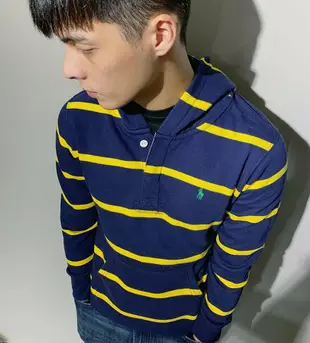 美國百分百【全新真品】Ralph Lauren 小馬 Polo 長袖 RL 條紋 藍黃色 綠馬 男 XS號 J759