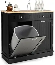 Giantex Kitchen Trash Cabinet, 40 L Tilt Out Trash Bin Cabinet with Single Trash Can Holder, Rubber Wood Countertop, Drawers, Adjustable Shelf, Freestanding Recycling Cabinet, Kitchen Island (Black)