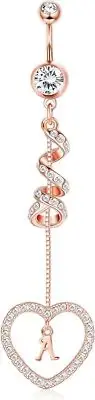14G Belly Button Ring Dangle with Initials A for Women Rose Gold Plated Navel Ri