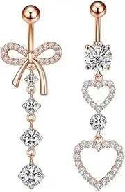 [Niaspi] 2Pcs 14G Stainless Steel Belly Button Rings for Women Cubic Zirconia Heart Bowknot Dangle Belly Navel Rings Belly Curved Barbells Body Piercing Jewelry