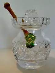 WATERFORD CUT CRYSTAL Jam/Honey/Mustard Jar w/ Lid & Wooden Spoon