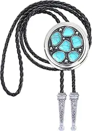 [GelConnie] Western Bolo Tie for Men Vintage Native American Rodeo Mens Western Bolo Ties Turquoise Round Cowboy Leather Necktie, Silver